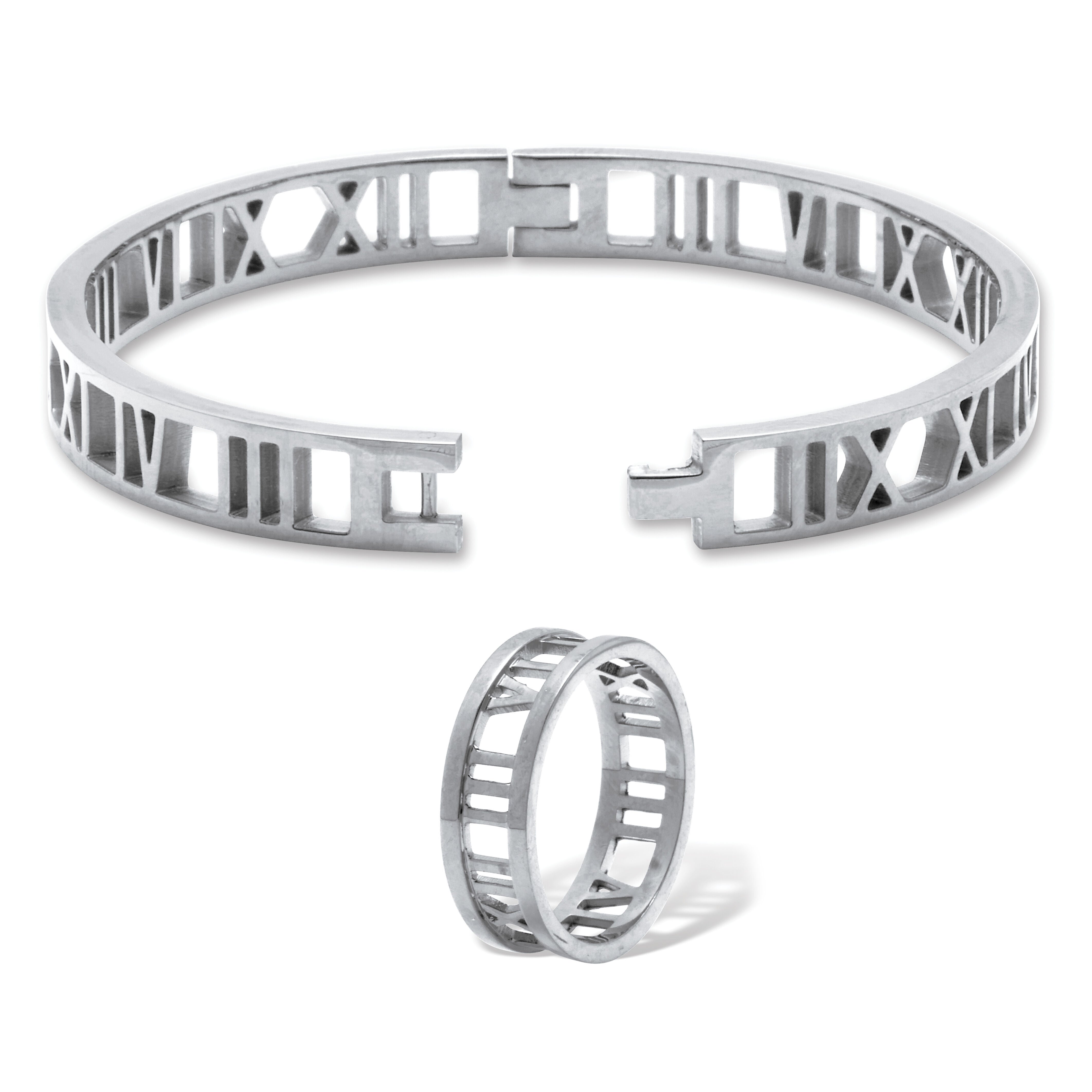 Roman Numeral Stainless Steel Bracelet and Ring Set, SILVER, on-hover image number 1