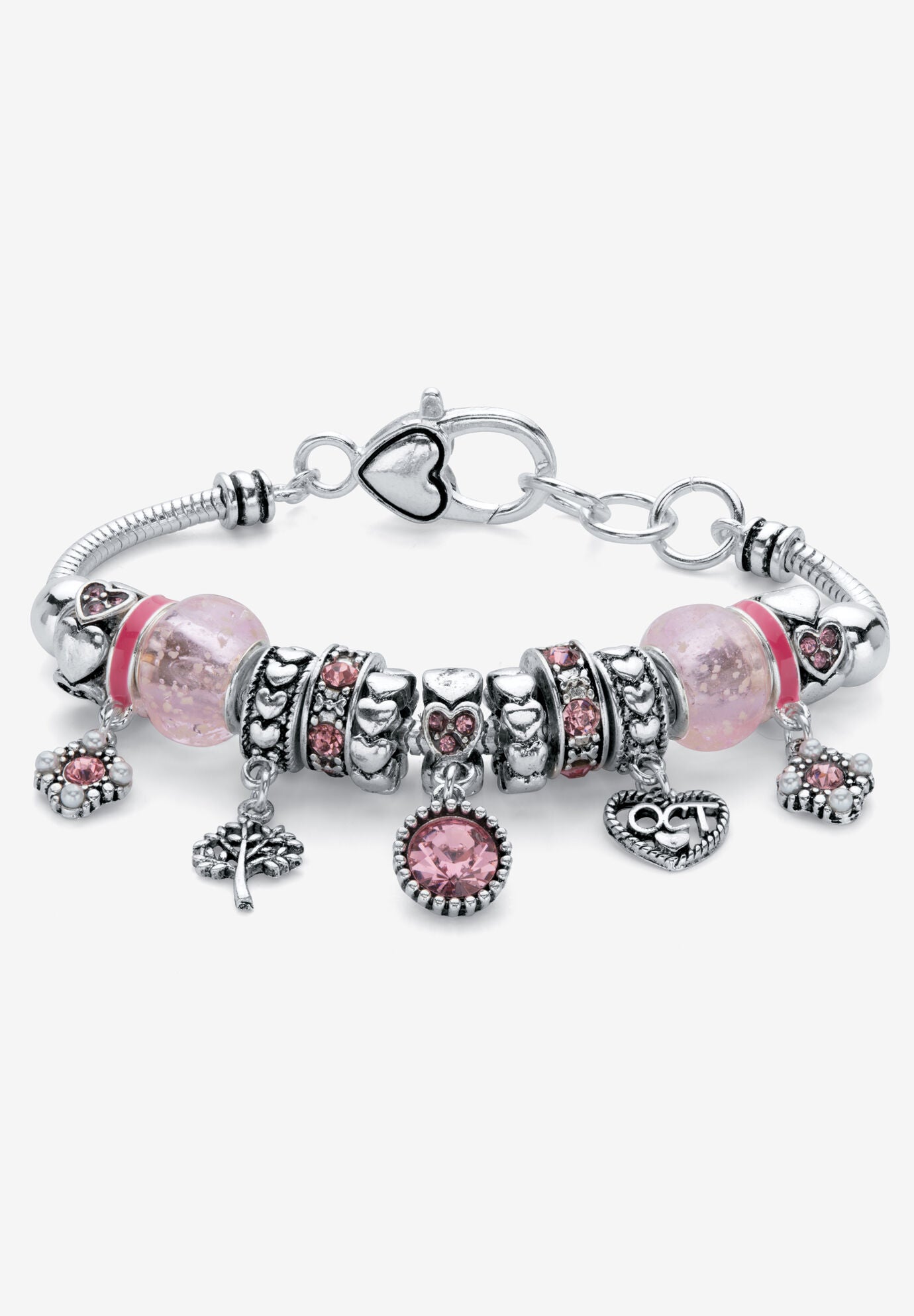 Antiqued Silvertone Simulated Birthstone 8 inches Charm Bracelet, OCTOBER, hi-res image number 0