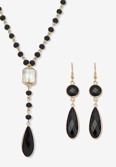 Black Crystal Goldtone Drop Necklace And Crystal Earrings, 2-Piece Set