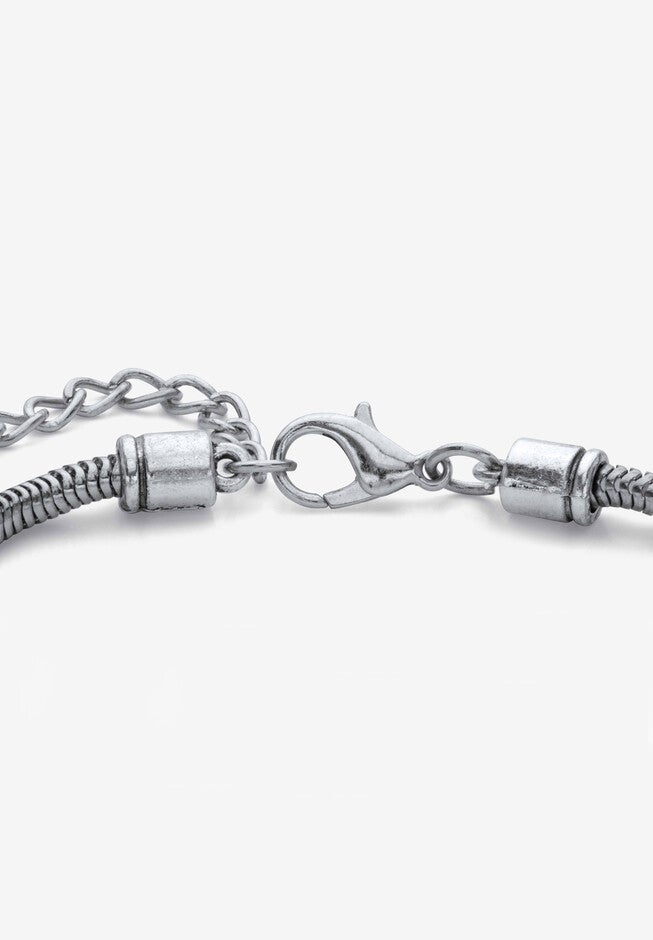 Silvertone Round Black Crystal Antiqued Elephant Charm Bracelet, , on-hover image number 1
