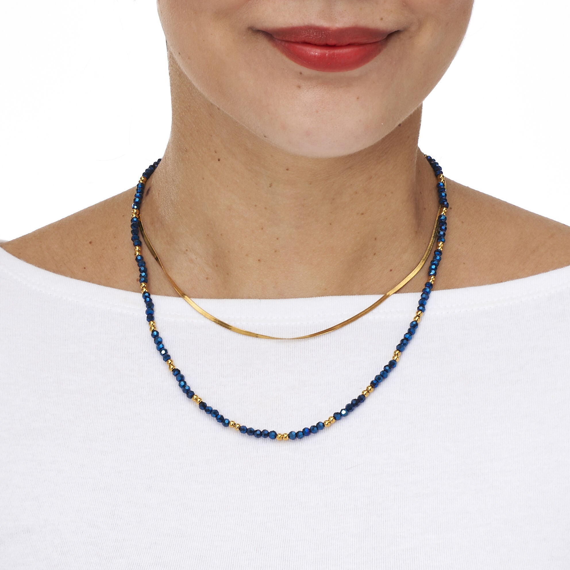 Crystal 2-Piece Stainless Steel Beaded Necklace 16-inch and 3-inch Extender, BLUE, alternate image number 2