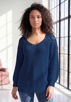 Plus Size Crochet Pullover Sweater with Sweetheart Neckline