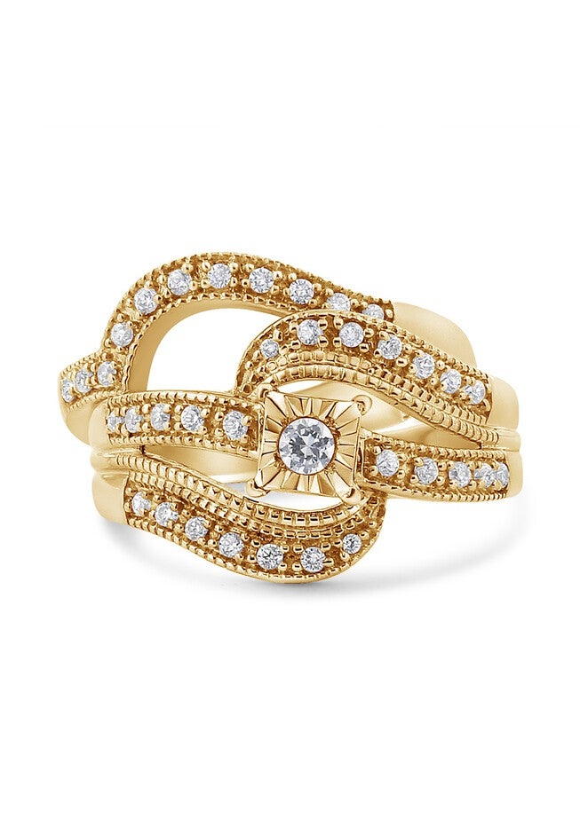 Yellow Gold Plated Silver 1/3 Cttw Round Diamond Crisscross Engagement Ring Bridal Set, , on-hover image number 1