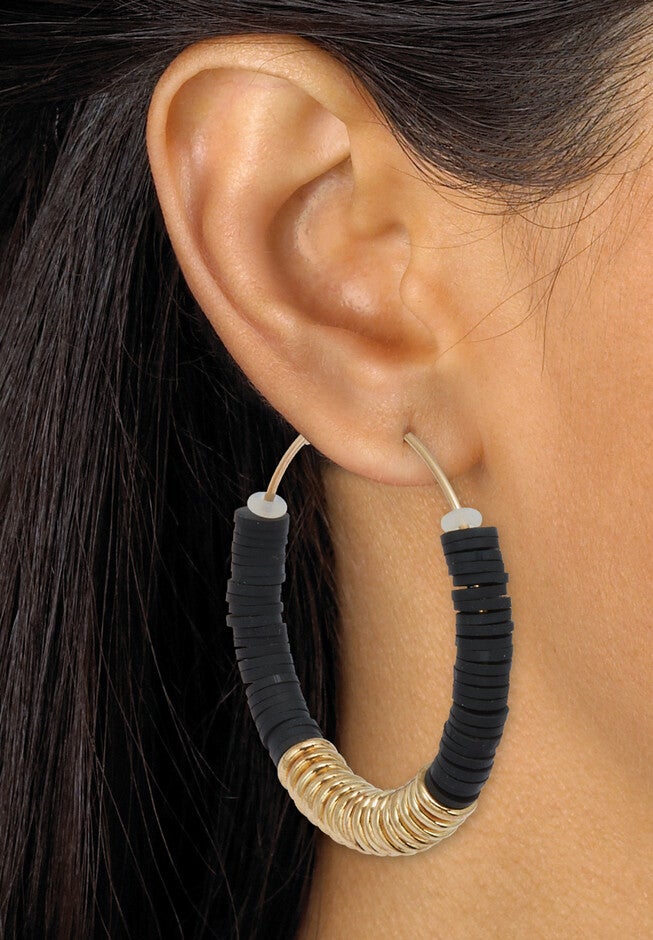 Black Disc Beaded Goldtone Hoop Earrings And Stackable Stretch Bracelet Set, , alternate image number 2
