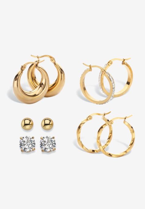 Yellow Gold Ion Plated Stainless & Goldtone Earring Set, GOLD, hi-res image number null