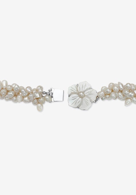 Silver Tone Oval Cultured Freshwater Pearl (7x9mm) Flower Necklace and Bracelet Set, 18 inches, , on-hover image number null