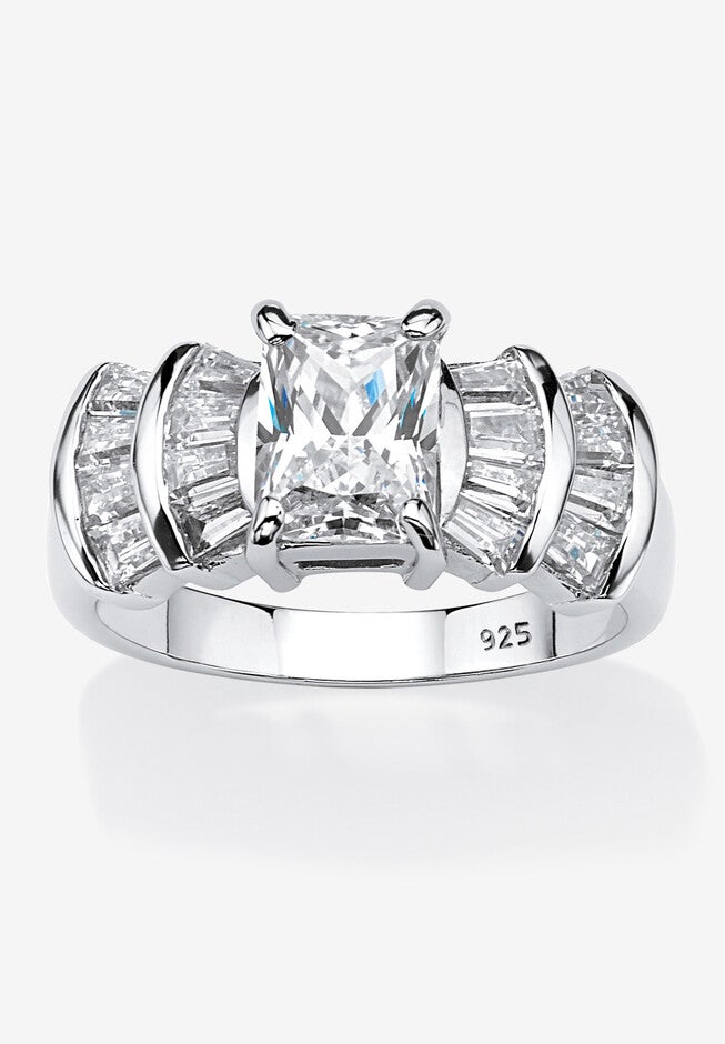 Platinum over Silver Emerald Cut Cubic Zirconia Step Top Engagement Ring (3 1/10 cttw TDW), PLATINUM, hi-res image number 0