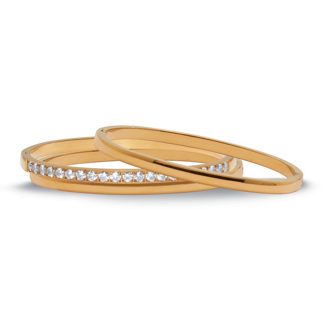 Round Crystal Yellow Gold Ion-Plated Stainless Steel Bangle Bracelet Set 7-inch, WHITE, alternate image number 3