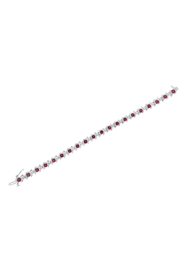 Sterling Silver Gemstone & Round Diamond Tennis Bracelet Ruby July Birthstone, , alternate image number 4