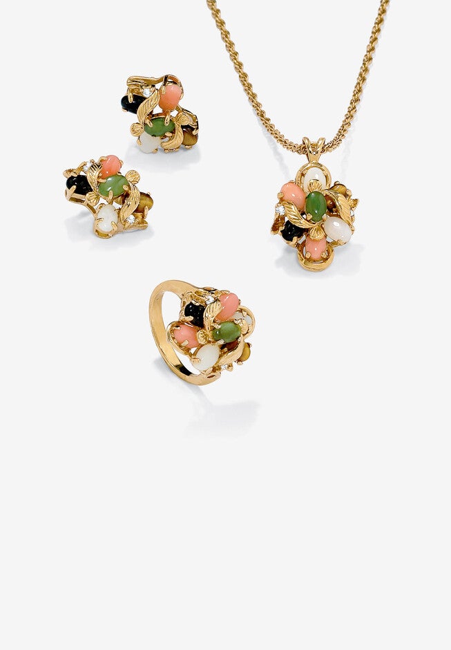 Yellow Gold-Plated Genuine Gemstone Ring, Earring And Necklace Set Jewelry, GOLD, hi-res image number null