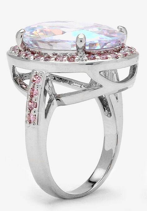 Silver Tone Aurora Borealis and Pink Halo Cocktail Ring, , on-hover image number null