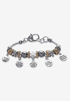 Silver Tone 10 Commandments Charm Bracelet Lucite 7.5" plus 1" ext