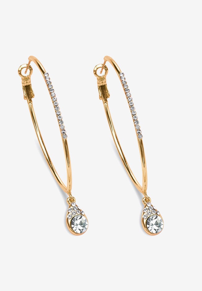 White Crystal Goldtone Hoop Teardrop Earrings (1.5 inches), CRYSTAL, hi-res image number 0
