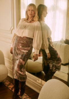 Sequined Mesh Column Midi Skirt