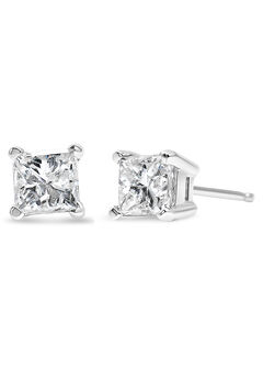 Princesscut Square Diamond 4Prong Solitaire Stud Earrings In White Gold (H-I Color)