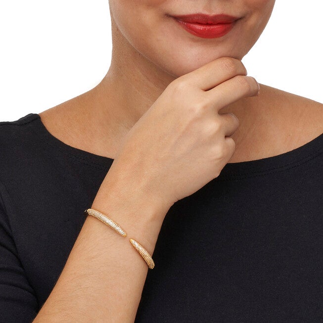 Crystal Cuff Bangle Yellow Goldtone Sleek Bracelet 7-inch, WHITE, alternate image number 2