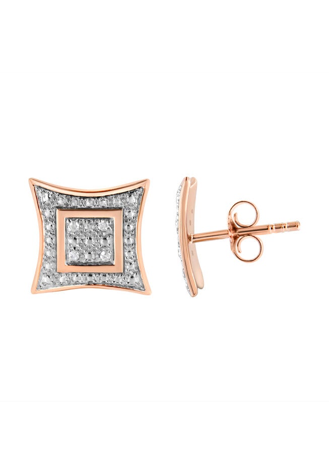 Rose Gold Plated Sterling Silver Diamond Accented 4Stone Four Pointed Star Shaped Halostyle Stud Earrings, , on-hover image number 1