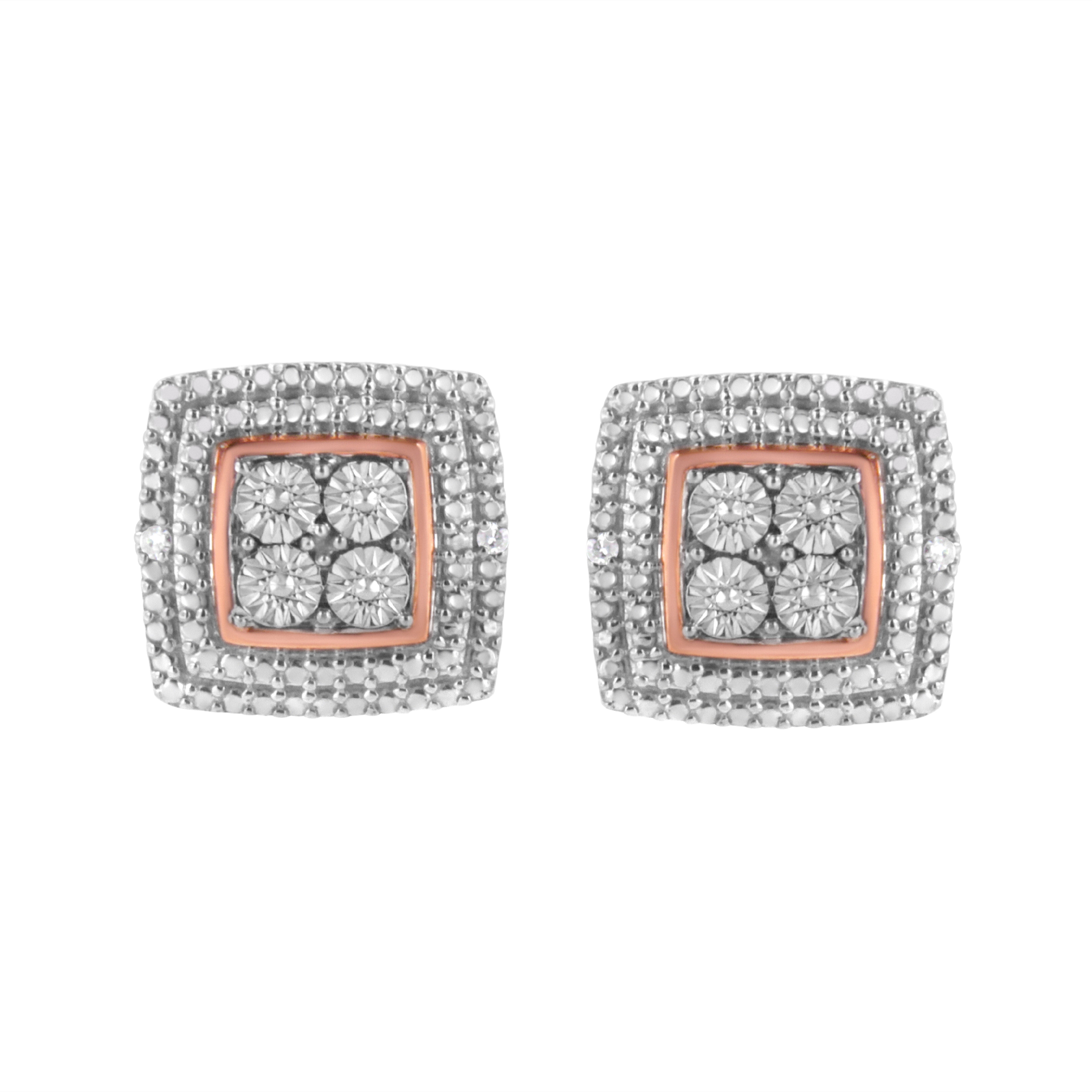 .925 Sterling Silver Diamond Accented Square Shaped Milgrain Stud Earrings (I-J Clarity, I3 Color), YELLOW WHITE ROSE, on-hover image number 1