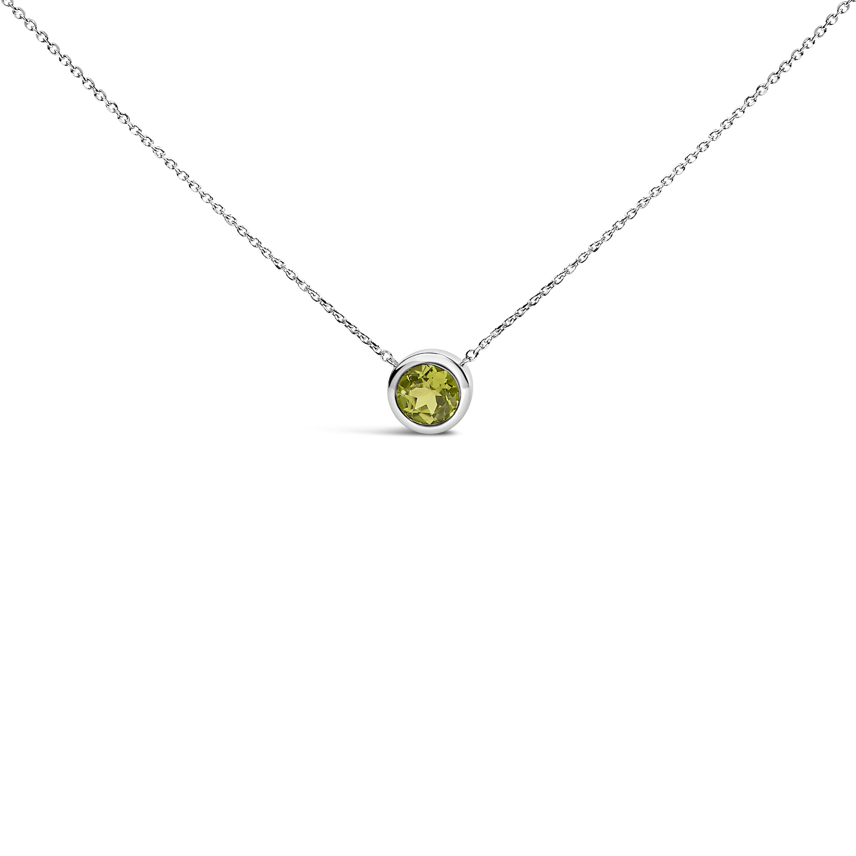.925 Sterling Silver 7MM Bezel Set Created Green Peridot Pendant Necklace - 18 inches Inches, GREEN, hi-res image number 0