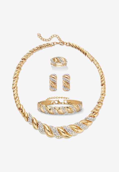 Crystal Goldtone S Link Necklace, Earring & Bracelet Bonus Ring Set 19"-21" Jewelry, CRYSTAL, hi-res image number null