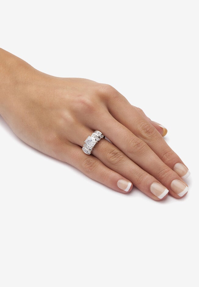Platinum over Silver Emerald Cut Cubic Zirconia Step Top Engagement Ring (3 1/10 cttw TDW), , alternate image number 2