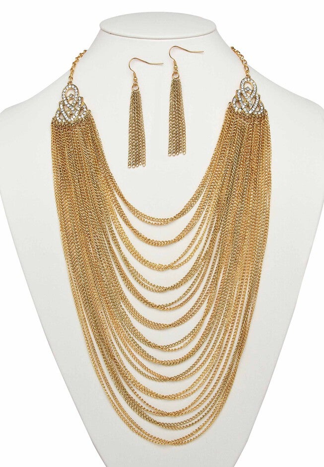 Gold Tone Waterfall 22 inches Necklace and Drop Earring Set, , alternate image number 3