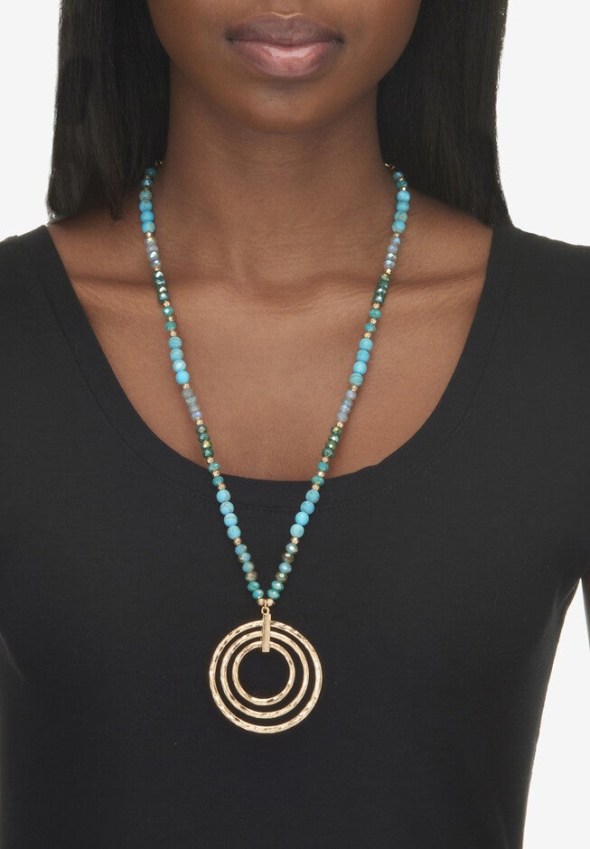 Round Genuine Turquoise Hammered Goldtone Endless Necklace, 30 Inches, , alternate image number 2