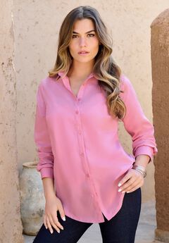Plus Size Kate Long Sleeve Easy Cotton-Blend Button-Front Shirt