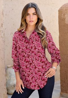 Plus Size Kate Long Sleeve Easy Cotton-Blend Button-Front Shirt
