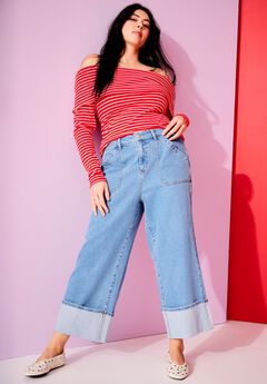 Wide-Leg Cropped Cuffed Jeans