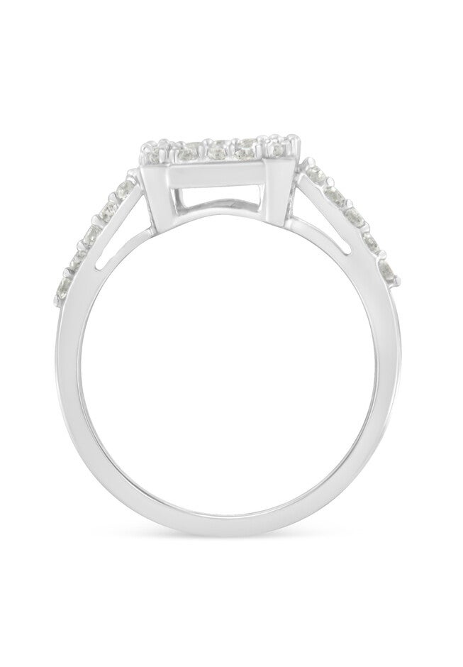 Sterling Silver Diamond Emeraldshaped Cluster With Halo Cathedral Style Cocktail Ring, , alternate image number 2