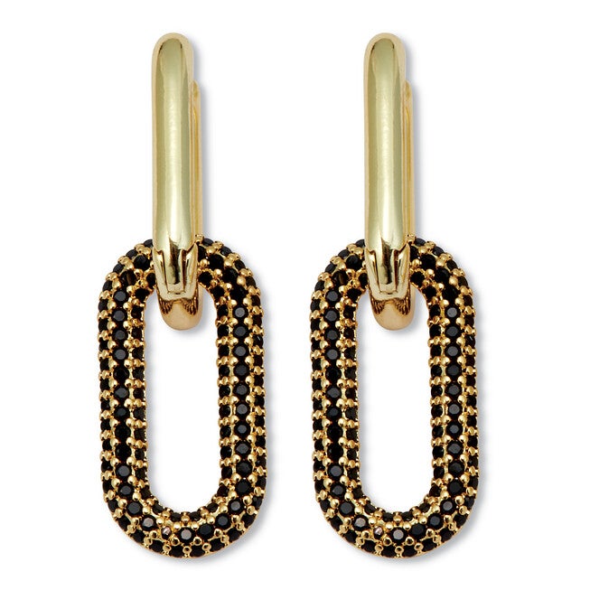 Round Black Crystal Goldtone Oval Link Drop Earrings, BLACK, hi-res image number 0