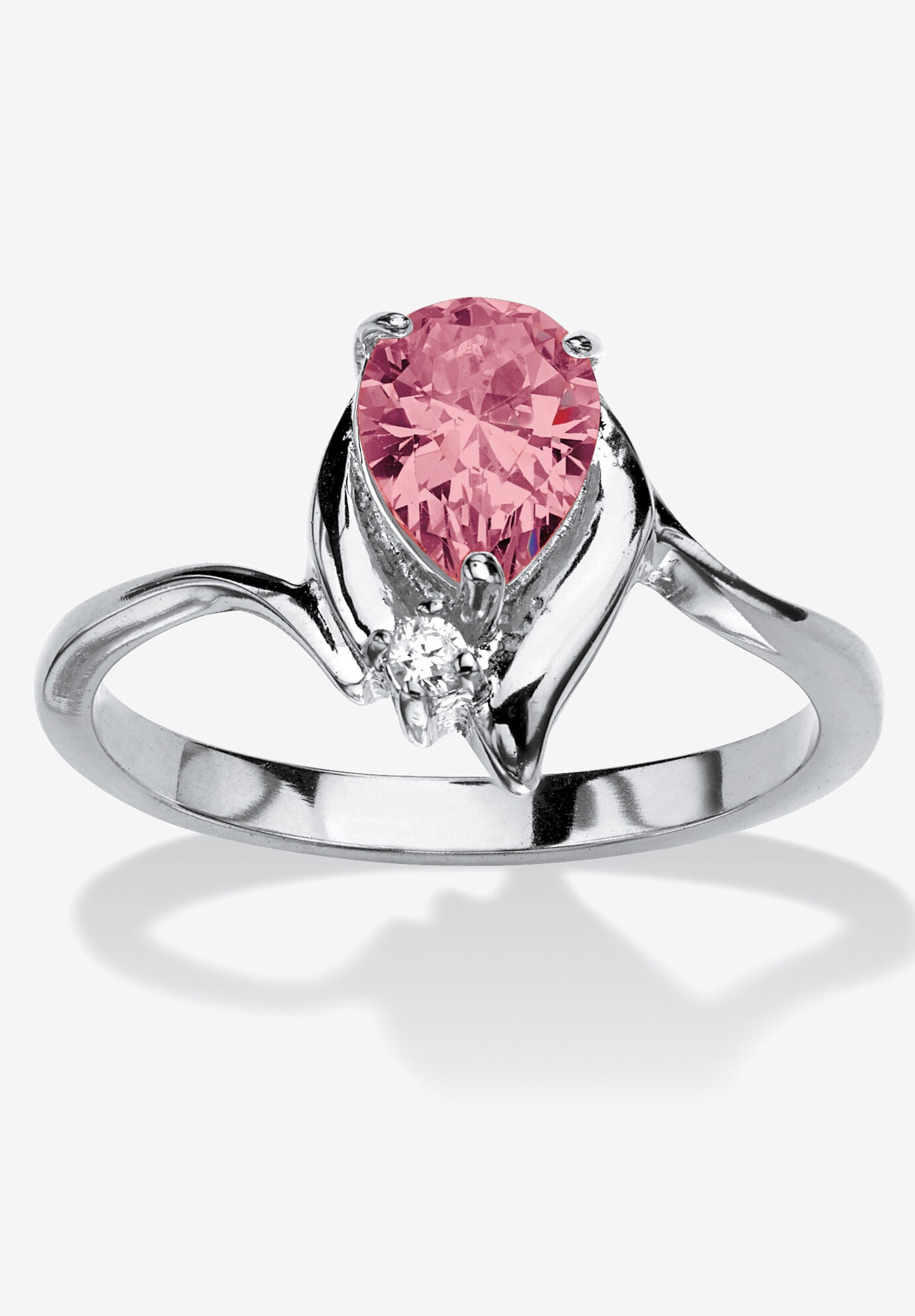Silvertone Simulated Pear Cut Birthstone And Round Crystal Ring Jewelry, PINK TOURMALINE, hi-res image number 0