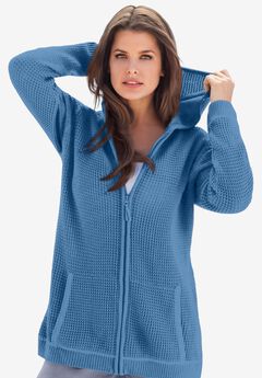 Plus Size Waffle Knit Zip-Front Relaxed Hoodie