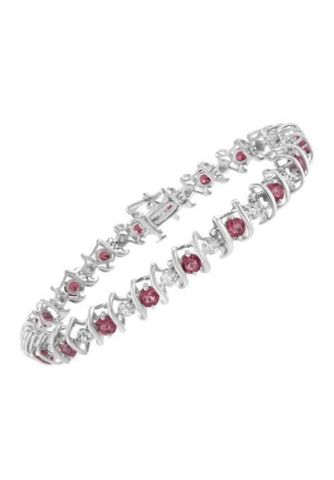Sterling Silver Gemstone & Round Diamond Tennis Bracelet Pink Tourmaline October Birthstone, , alternate image number null