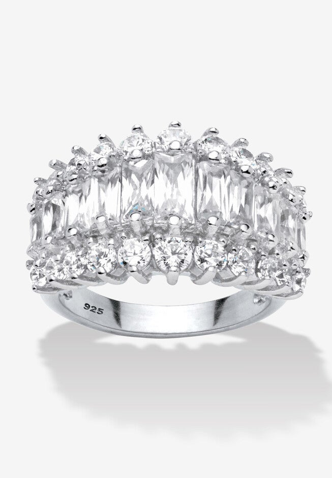 4.38 Cttw. Emerald-Cut Cubic Zirconia Platinum-Plated Silver Engagement Ring, SILVER, hi-res image number 0