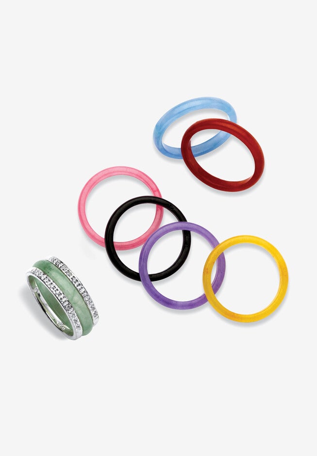 Sterling Silver Multi-Color Jade 8 Piece Interchangeable Ring Set Jewelry, JADE, hi-res image number 0