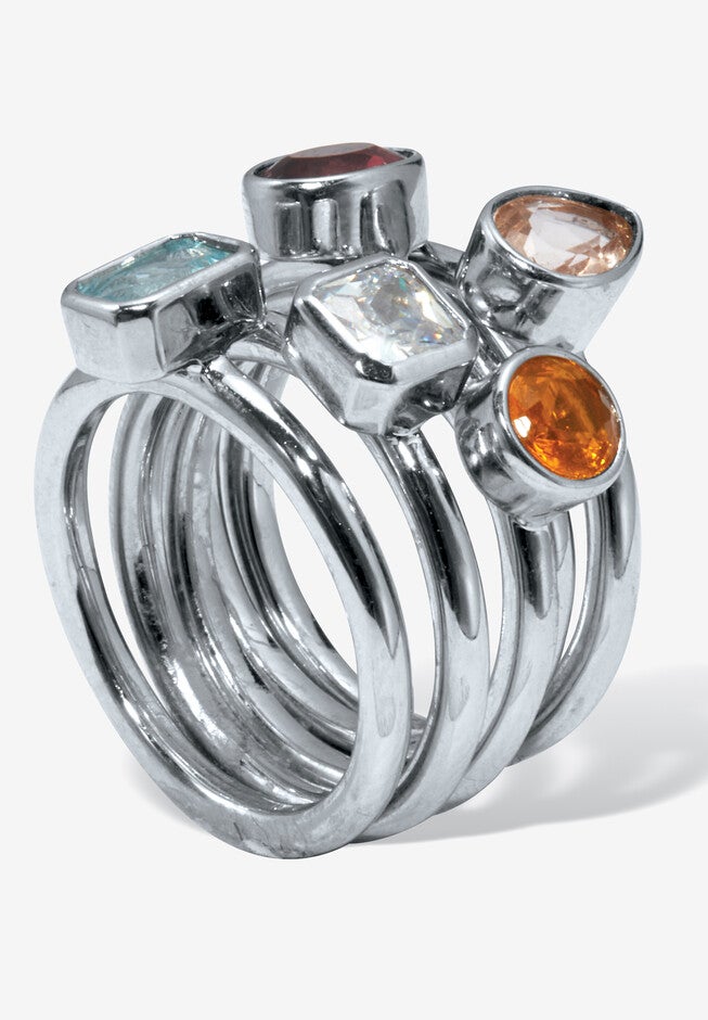 1.32 Tcw Cz And Simulated Crystal Platinum-Plated 5 Piece Stackable Ring Set, , on-hover image number 1