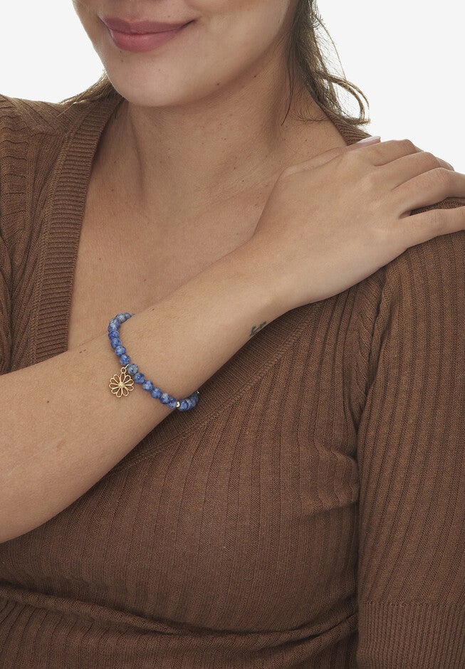 Genuine Blue Sodalite Silvertone Flower Charm Bangle, 7.5 Inches, , alternate image number 2