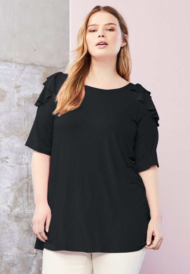 Cold-Shoulder Ruffle Tee, BLACK, hi-res image number null