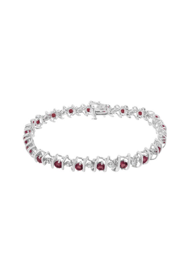 Sterling Silver Gemstone & Round Diamond Tennis Bracelet Ruby July Birthstone, , on-hover image number 1