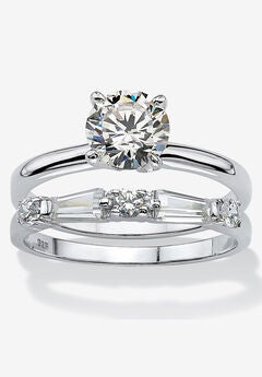 2.06 Cttw. Cubic Zirconia Sterling Silver Solitaire 2-Piece Wedding Ring Set