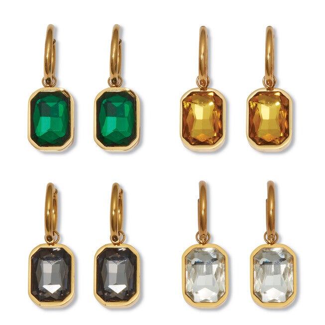 Emerald Cut Crystal Yellow Gold Ion-Plated Stainless Steel Huggie Earrings Set, BLACK, hi-res image number 0