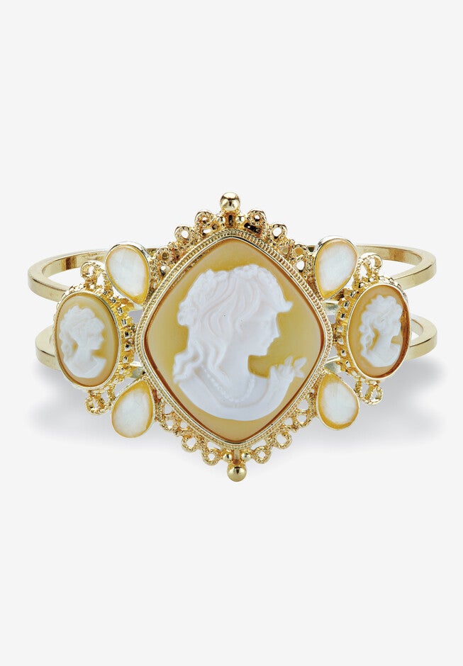 Vintage-Style Cameo Hinged Bangle Bracelet In Yellow Goldtone 7.5 inches, GOLD, hi-res image number 0