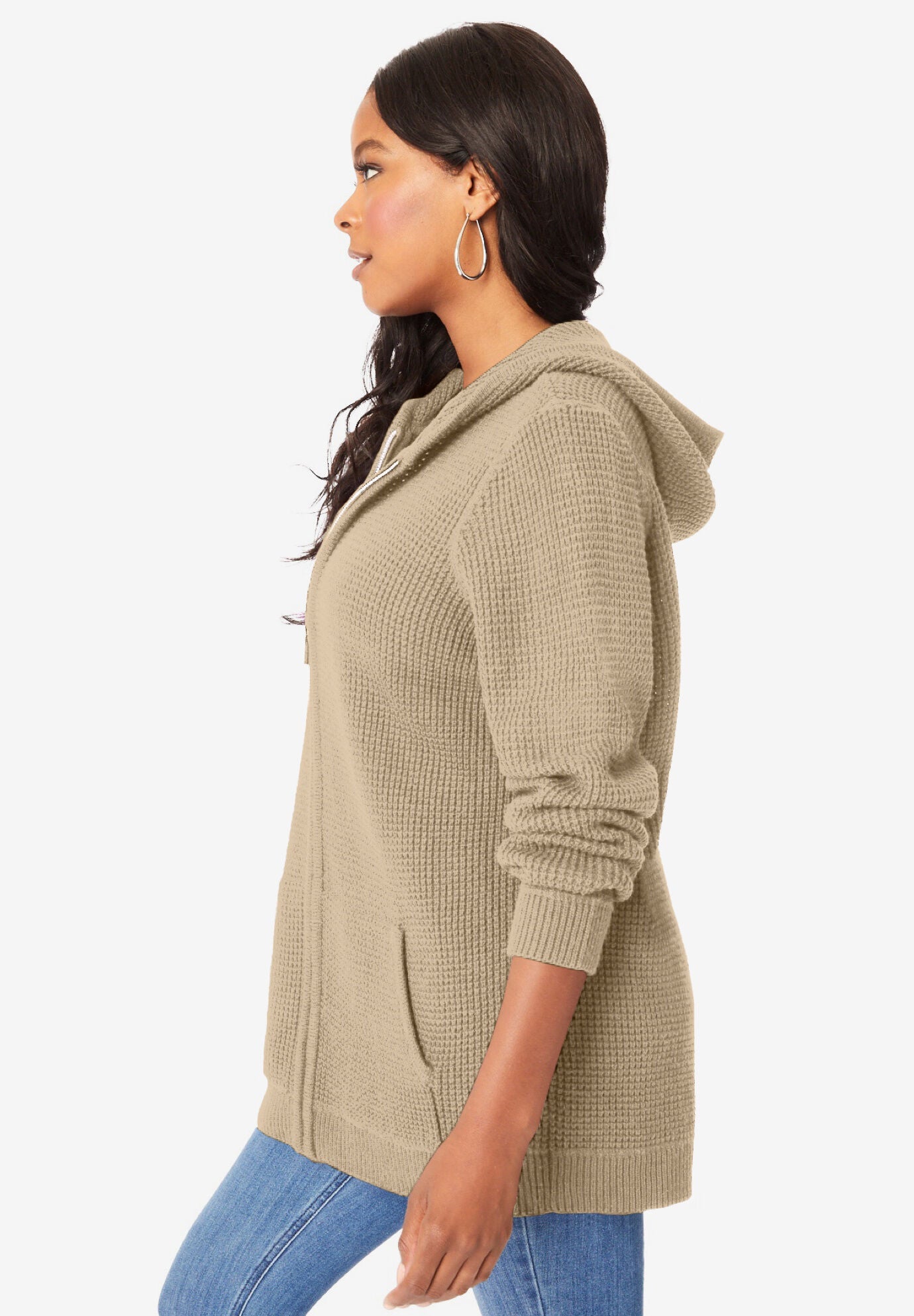Plus Size Waffle Knit Zip-Front Relaxed Hoodie, SANDY BEIGE, alternate image number 2