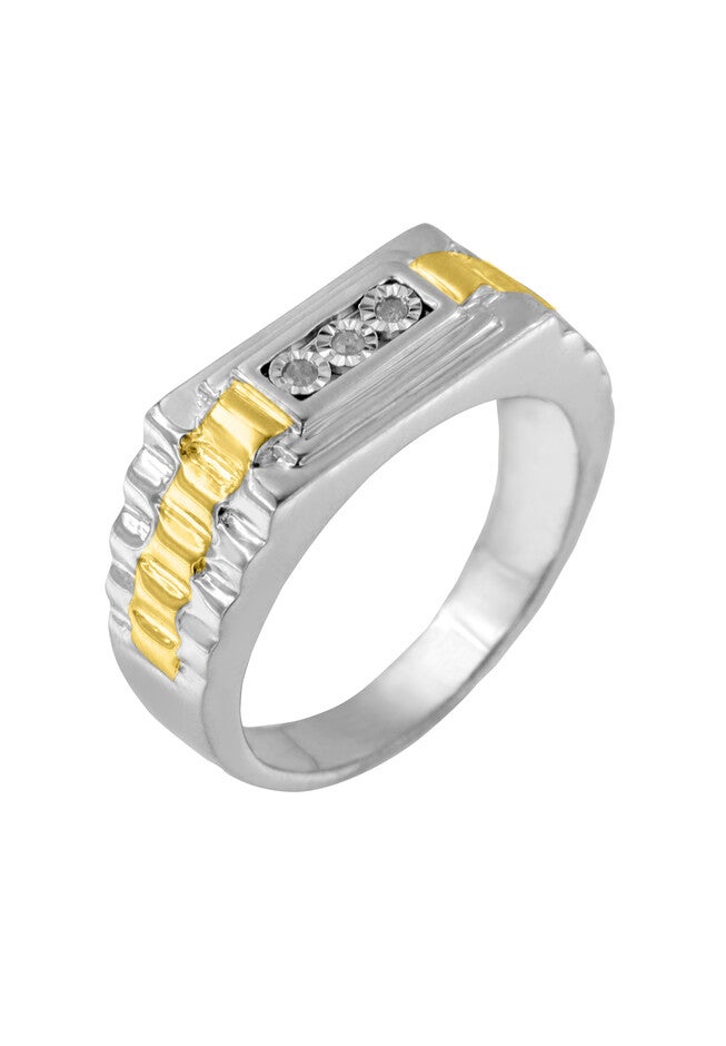 Men'S Yellow Gold Over Silver Diamond Accent Miracle-Set 3 Stone Ridged Band Ring, , alternate image number 3