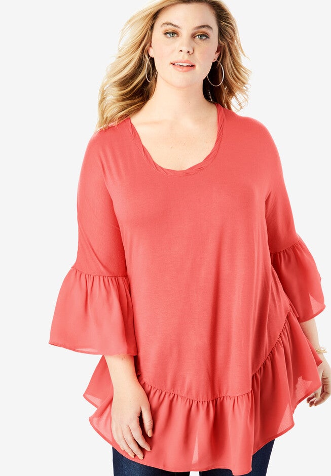 Ruffle-Hem Drape Tunic, NO COLOR, hi-res image number null