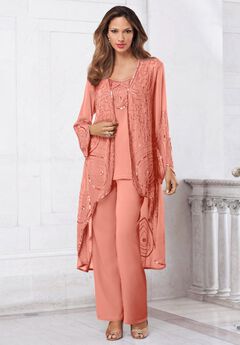 Plus Size Beaded Georgette Scoop Neck 3-Piece Pant Set