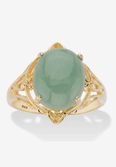 Oval Genuine Green Jade 14K Gold-Plated Sterling Silver Scrolled Cabochon Ring
