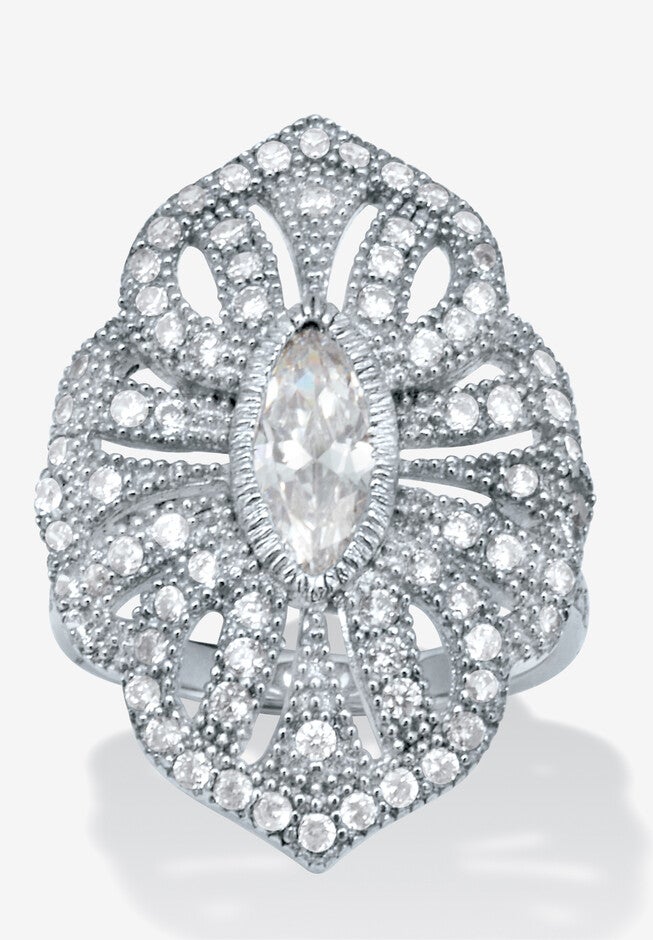 1.52 Tcw Marquise Cut Cubic Zirconia Silvertone Art Deco Ring, SILVER, hi-res image number 0